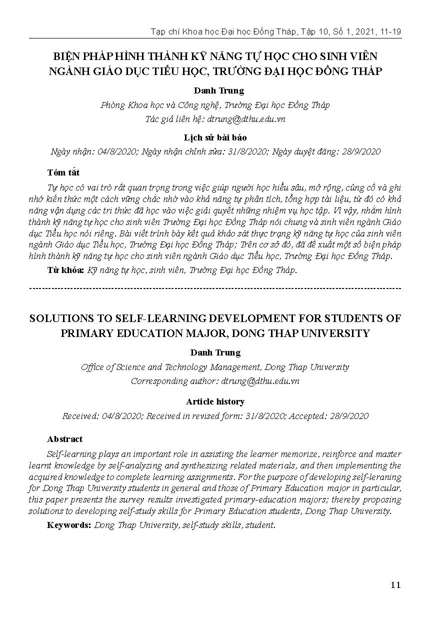 Biện pháp hình thành kỹ năng tự học cho sinh viên ngành Giáo dục tiểu học, Trường Đại học Đồng Tháp = Solutions to self-learning development for students of primary education major, Dong Thap university