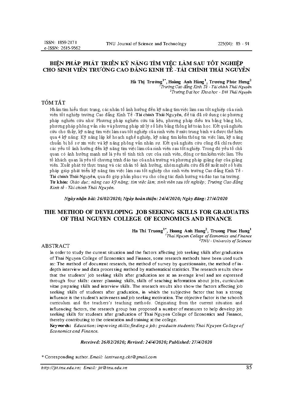 Biện pháp phát triển kỹ năng tìm việc làm sau tốt nghiệp cho sinh viên trường Cao đẳng Kinh tế - Tài chính Thái Nguyên = The method of developing job seeking skills for graduates of Thai Nguyen college of economics and finance