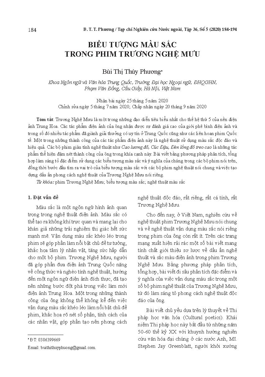 Biểu tượng màu sắc trong phim Trương Nghệ Mưu = Colour symbol in Zhang Yimou’s movies