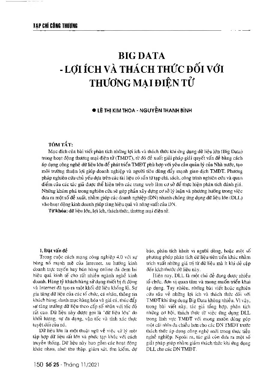 Big Data - Lợi ích và thách thức đối với thương mại điện tử = Big Data - Benefits and challenges for the e-commerce sector