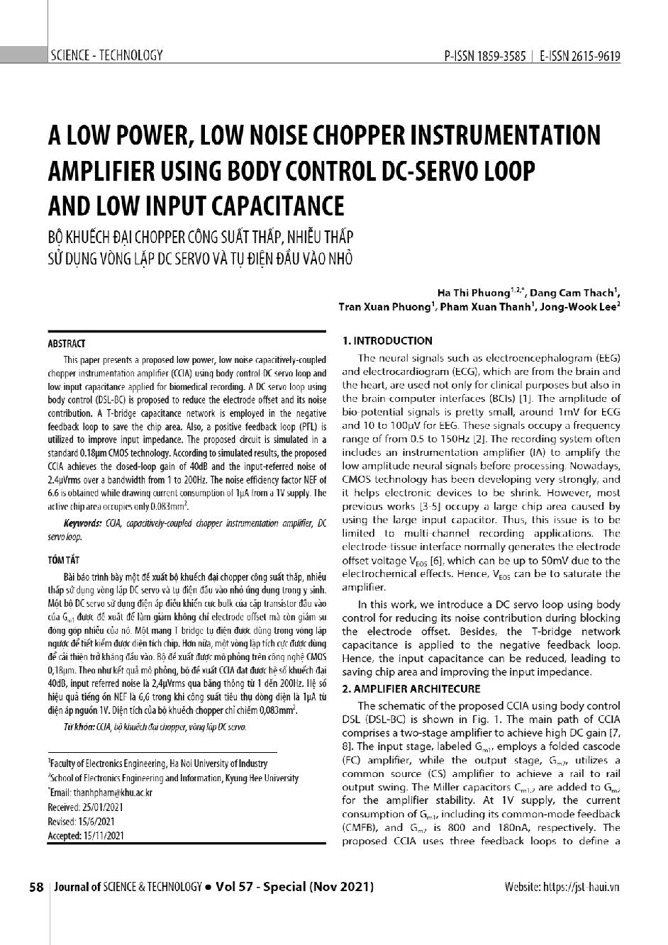 Bộ khuếch đại chopper công suất thấp, nhiễu thấp sử dụng vòng lặp DC servo và tụ điện đầu vào nhỏ = A low power, low noise chopper instrumentation amplifier using body control DC-servo loop and low input capacitance