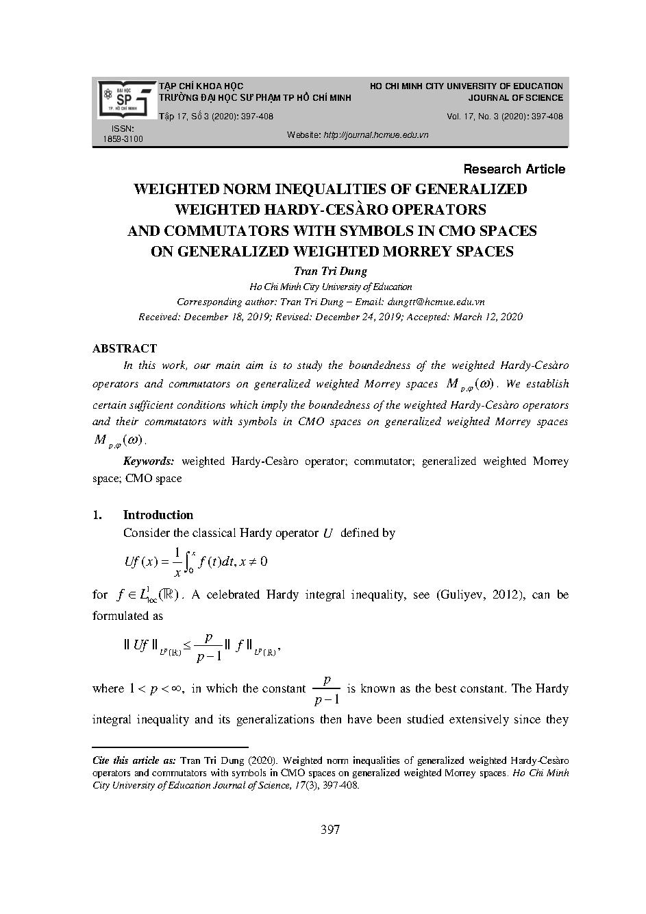 Các bất đẳng thức có trọng về chuẩn của toán tử và hoán tử Hardy-Cesaro tổng quát trong các không gian morrey có trọng tổng quát với các biểu tượng trong không gian CMO. = Weighted norm inequalities of generalized weighted hardy-cesàro operators and commutators with symbols in cmo spaces on generalized weighted morrey spaces
