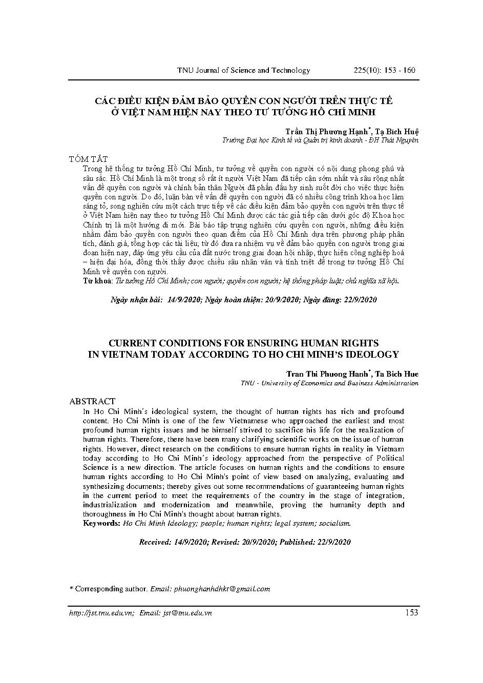 Các điều kiện đảm bảo quyền con người trên thực tế ở Việt Nam hiện nay theo tư tưởng Hồ Chí Minh = Current conditions for ensuring human rights in Vietnam today according to Ho Chi Minh’s ideology