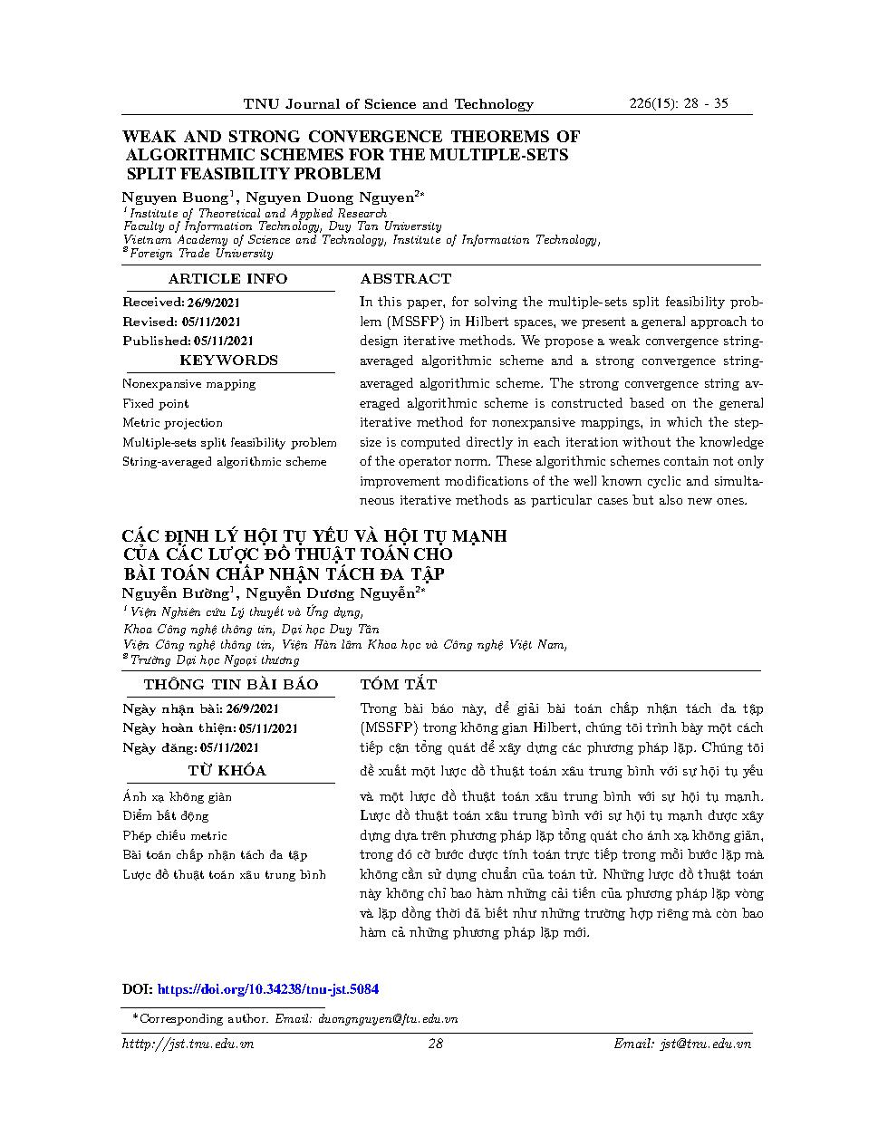 Các định lý hội tụ yếu và hội tụ mạnh của các lược đồ thuật toán cho bài toán chấp nhận tách đa tập = Weak and strong convergence theorems of algorithmic schemes for the multiple-sets split feasibility problem