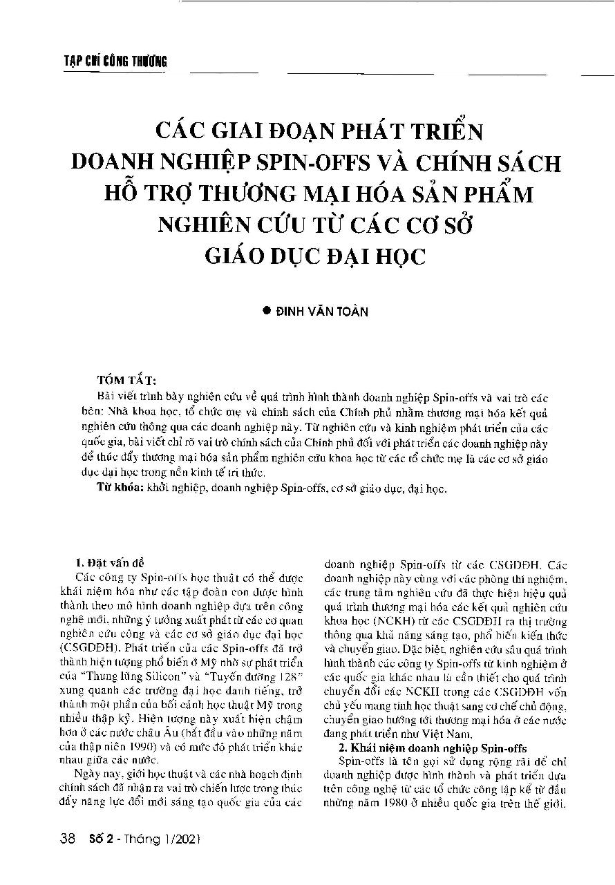 Các giai đoạn phát triển doanh nghiệp Spin-offs và chính sách hỗ trợ thương mại hóa sản phẩm nghiên cứu từ các cơ sở giáo dục đại học = Development stages of spin-off enterprises and policies on commercializing scientific productsof higher education institutions
