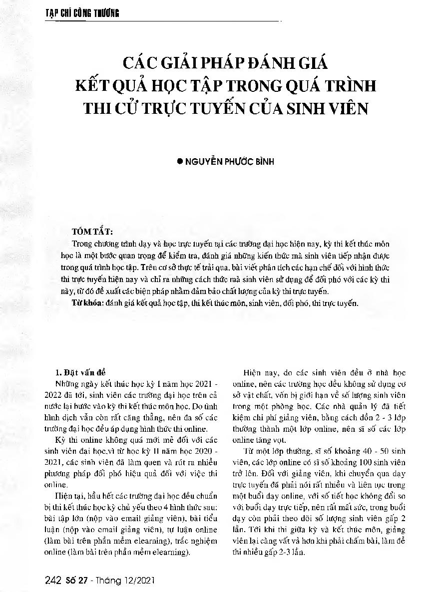 Các giải pháp đánh giá kết quả học tập trong quá trình thi cử trực tuyến của sinh viên = Some learning assessment forms for online learning