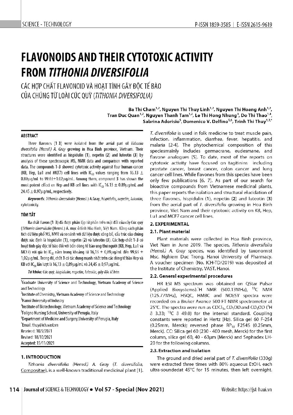 Các hợp chất flavonoid và hoạt tính gây độc tế bào của chúng từ loài Cúc quỳ (Tithonia Diversifolia) = Flavonoids and their cytotoxic activity from Tithonia Diversifolia