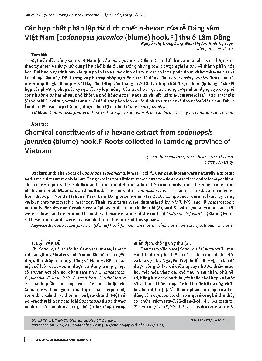 Các hợp chất phân lập từ dịch chiết n-hexan của rễ Đảng sâm Việt Nam [Codonopsis javanica (blume) hook.F.] thu ở Lâm Đồng = Chemical constituents of n-hexane extract from codonopsis javanica (blume) hook.F. Roots collected in Lamdong province of Vietnam