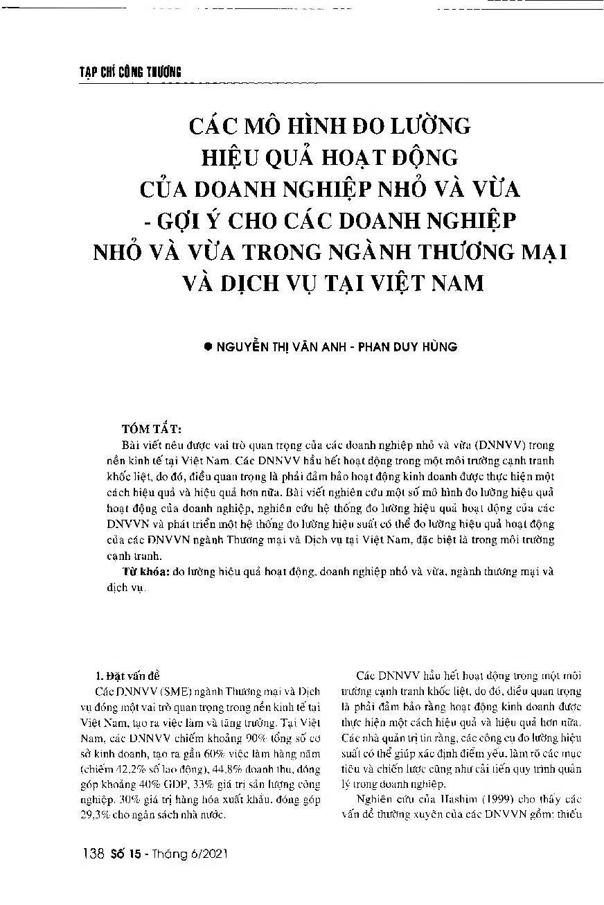 Các mô hình đo lường hiệu quả hoạt động của doanh nghiệp nhỏ và vừa - GỢi ý cho các doanh nghiệp nhỏ và vừa trong ngành Thương mại và Dịch vụ tại Việt Nam = Performance measurement systems for small and medium-sized enterprises - Some recommendations for measuring performance of small and medium-sized enterprises specializing in the trade and services sector in Vietnam