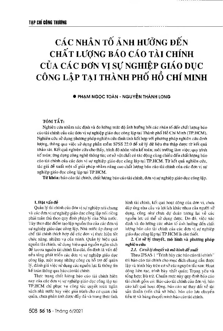 Các nhân tố ảnh hưởng đến chất lượng báo cáo tài chính của các đơn vị sự nghiệp giáo dục công lập tại Thành phố Hồ Chí Minh = Factors affecting the quality of financial statements of public educational institutions in Ho Chi Minh City