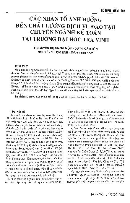 Các nhân tố ảnh hưởng đến chất lượng dịch vụ đào tạo chuyên ngành Kế toán tại Trường Đại học Trà Vinh = Factors impacting the accounting training quality of Tra Vinh university