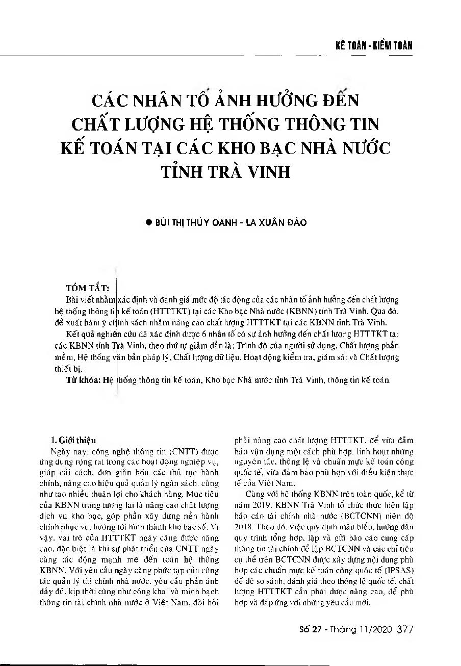 Các nhân tố ảnh hưởng đến chất lượng hệ thống thông tin kế toán tại các Kho bạc Nhà nước tỉnh Trà Vinh = Factors affecting the quality of accounting information system at the state Treasury of Tra Vinh Province