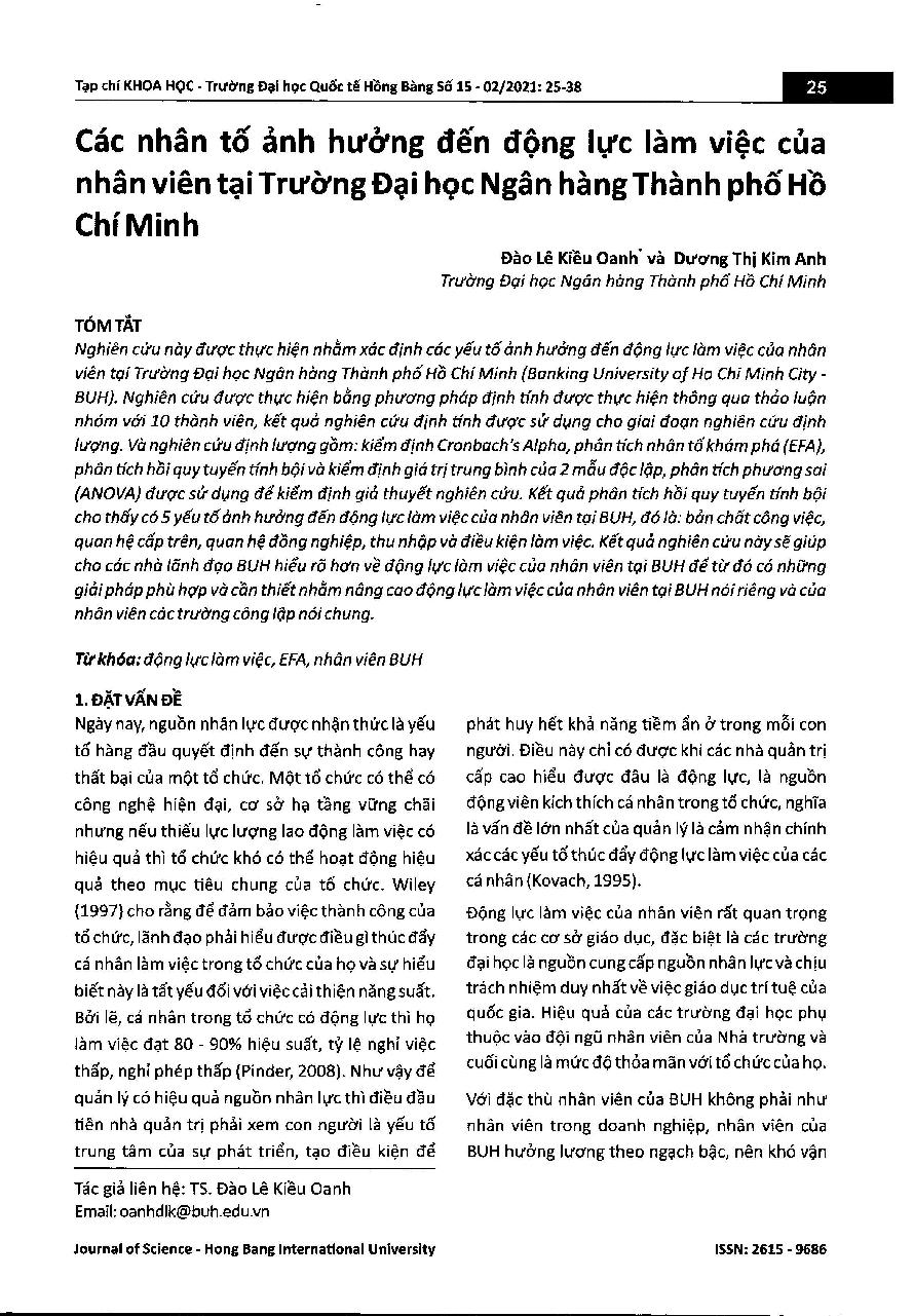 Các nhân tố ảnh hưởng đến động lực làm việc của nhân viên tại Trường Đại học Ngân hàng Thành phố Hồ Chí Minh = The factors affecting employees' motivation at Banking University of Ho Chi Minh city