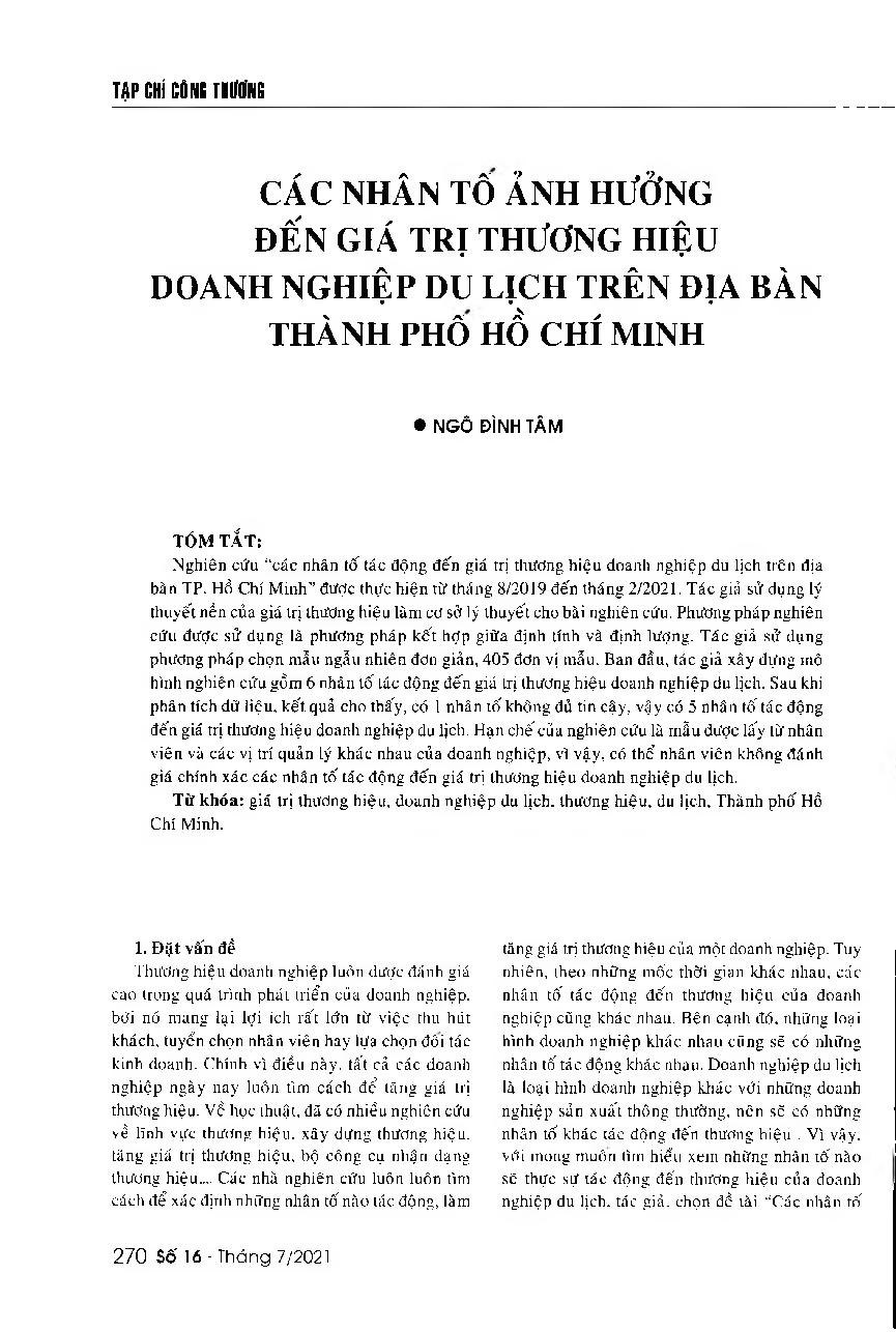 Các nhân tố ảnh hưởng đến giá trị thương hiệu doanh nghiệp du lịch trên địa bàn Thành phố Hồ Chí Minh = Factors affecting the brand value of tourism businesses in Ho Chi Minh City