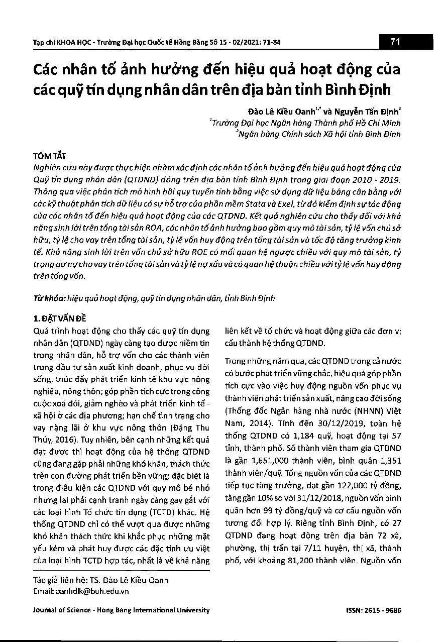 Các nhân tố ảnh hưởng đến hiệu quả hoạt động của các quỹ tín dụng nhân dân trên địa bàn tỉnh Bình Định = Factors affecting the performance of people’s creditfunds in Binh Dinh province