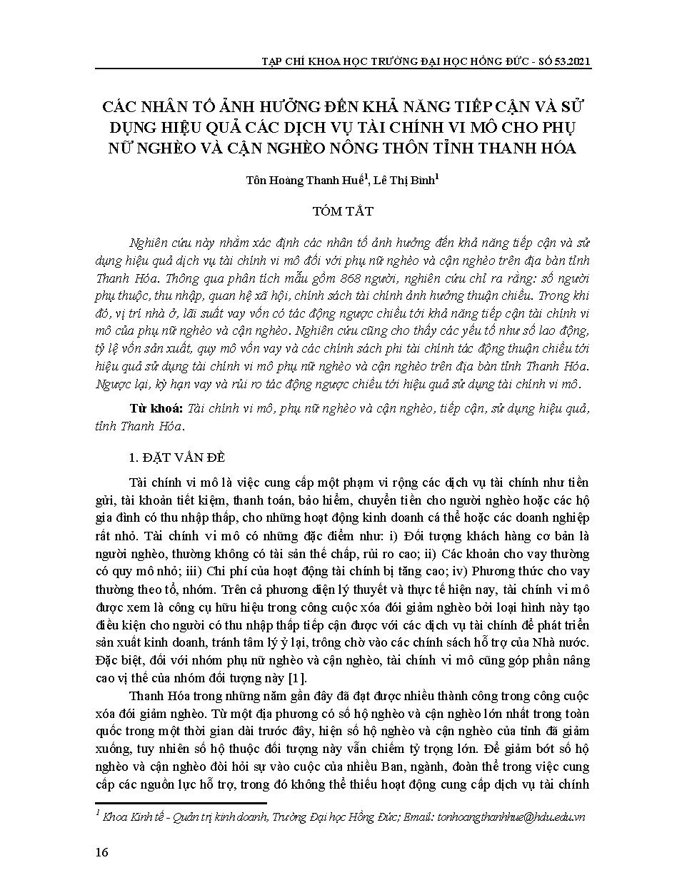 Các nhân tố ảnh hưởng đến khả năng tiếp cận và sử dụng hiệu quả các dịch vụ tài chính vi mô cho phụ nữ nghèo và cận nghèo nông thôn tỉnh Thanh Hóa = Factors affecting the accessibility and effective use of microfinance services for poor and near poor women in rural areas in thanh hoa province