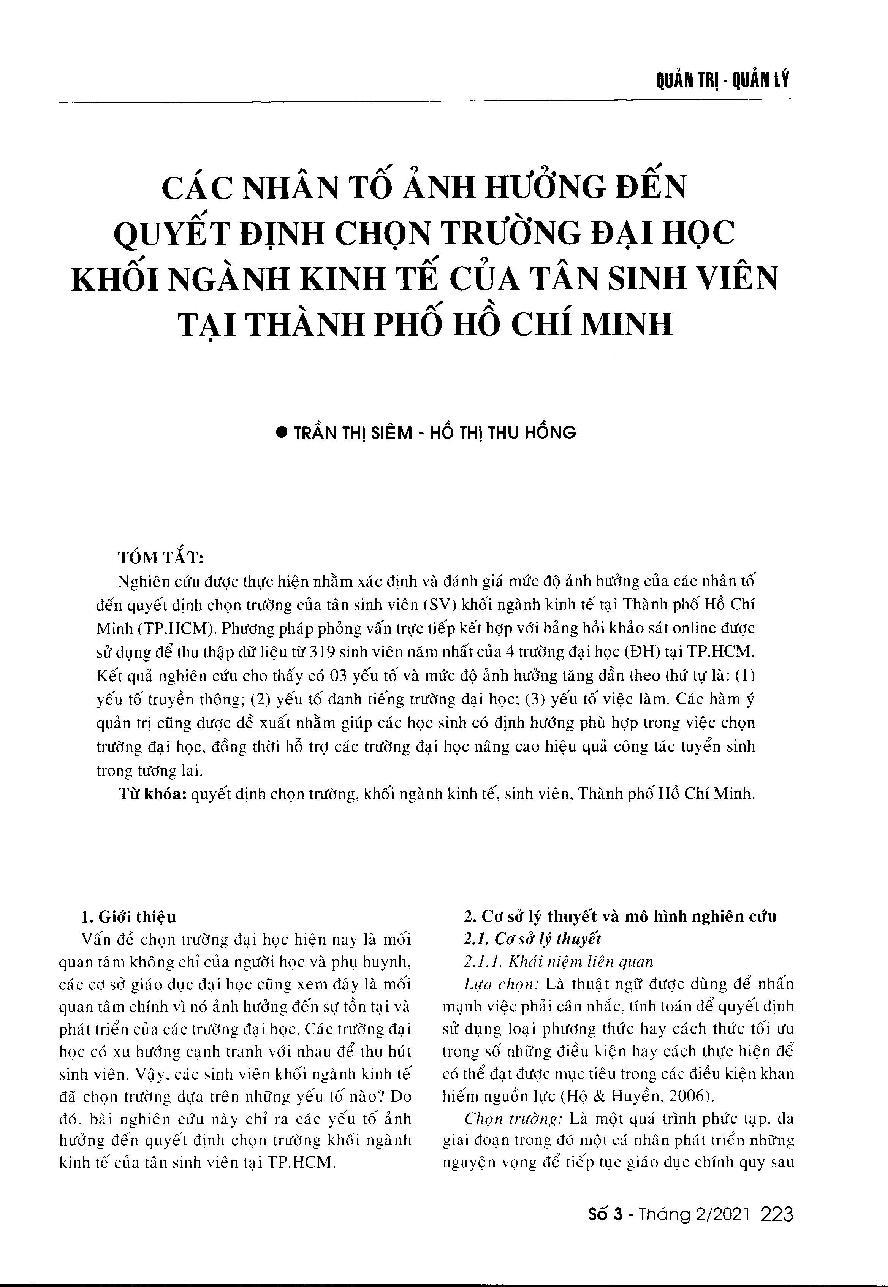 Các nhân tố ảnh hưởng đến quyết định chọn trường đại học khối ngành kinh tế của tân sinh viên tại Thành phố Hồ Chí Minh = Factors affecting student's choice of economic universities in Ho Chi Minh City