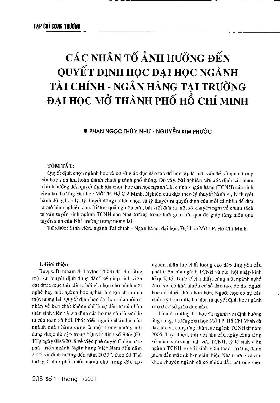 Các nhân tố ảnh hưởng đến quyết định học đại học ngành Tài chính - Ngân hàng tại Trường Đại học Mở Thành phố Hồ Chí Minh = Factors affecting the student's decision in choosing to study the finance - banking program of Ho Chi Minh City Open University