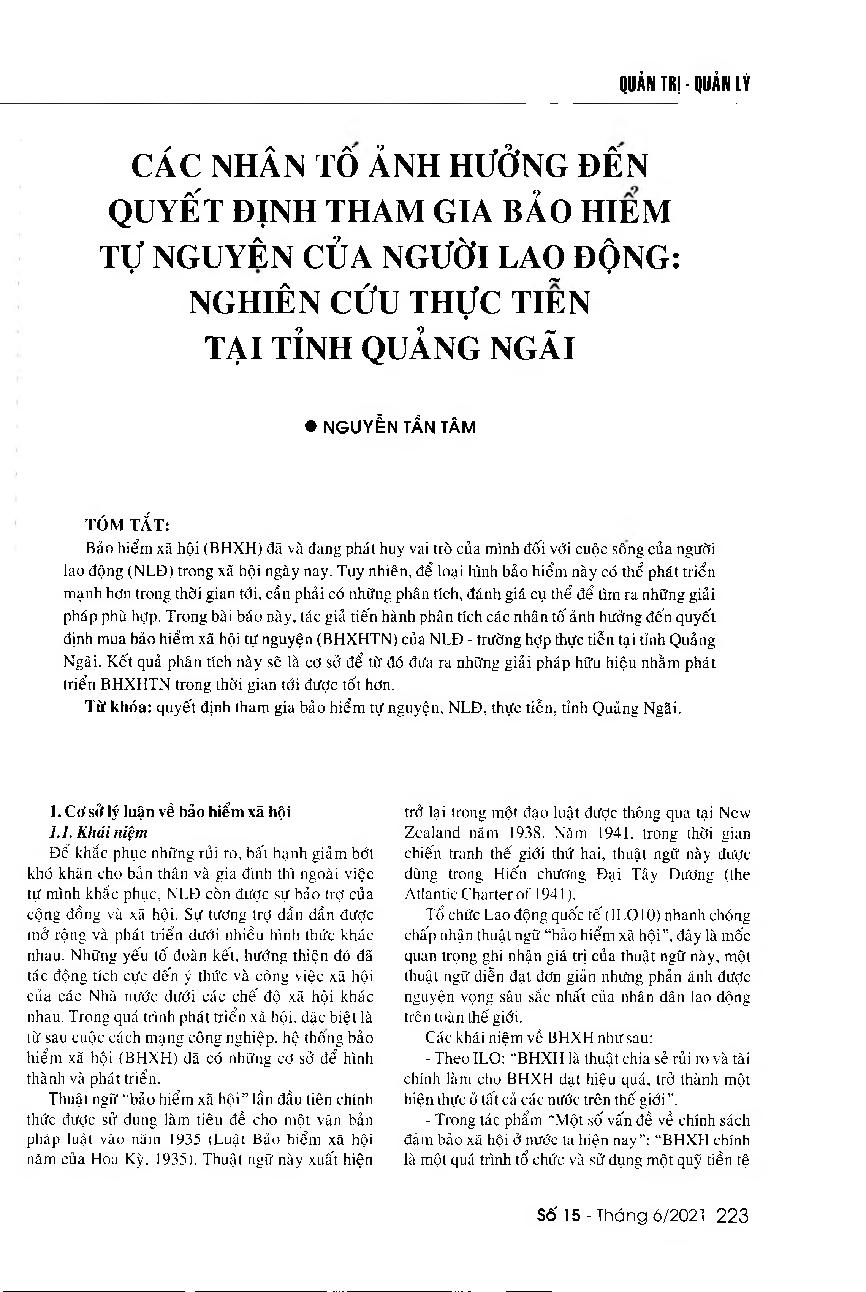 Các nhân tố ảnh hưởng đến quyết định tham gia bảo hiểm tự nguyện của người lao động: Nghiên cứu thực tiễn tại tỉnh Quảng Ngãi = Factors affecting the employee's decision to take part in the voluntary social insurance scheme in Quang Ngai Province