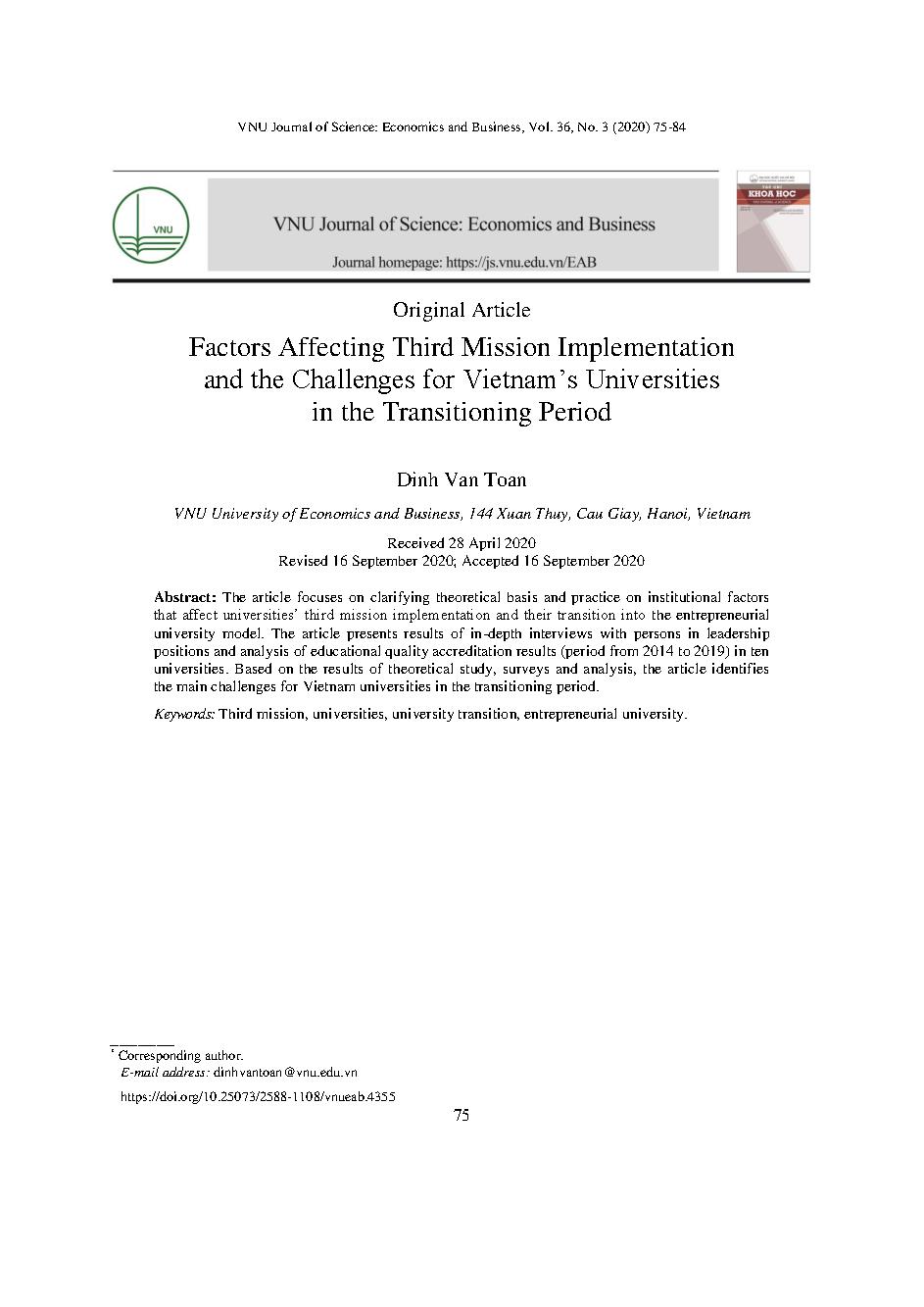 Các nhân tố ảnh hưởng đến thực hiện sứ mệnh thứ ba và thách thức đối với các trường đại học Việt Nam trong giai đoạn chuyển đổi = Factors affecting third mission implementation and the challenges for Vietnam’s universities in the transitioning period