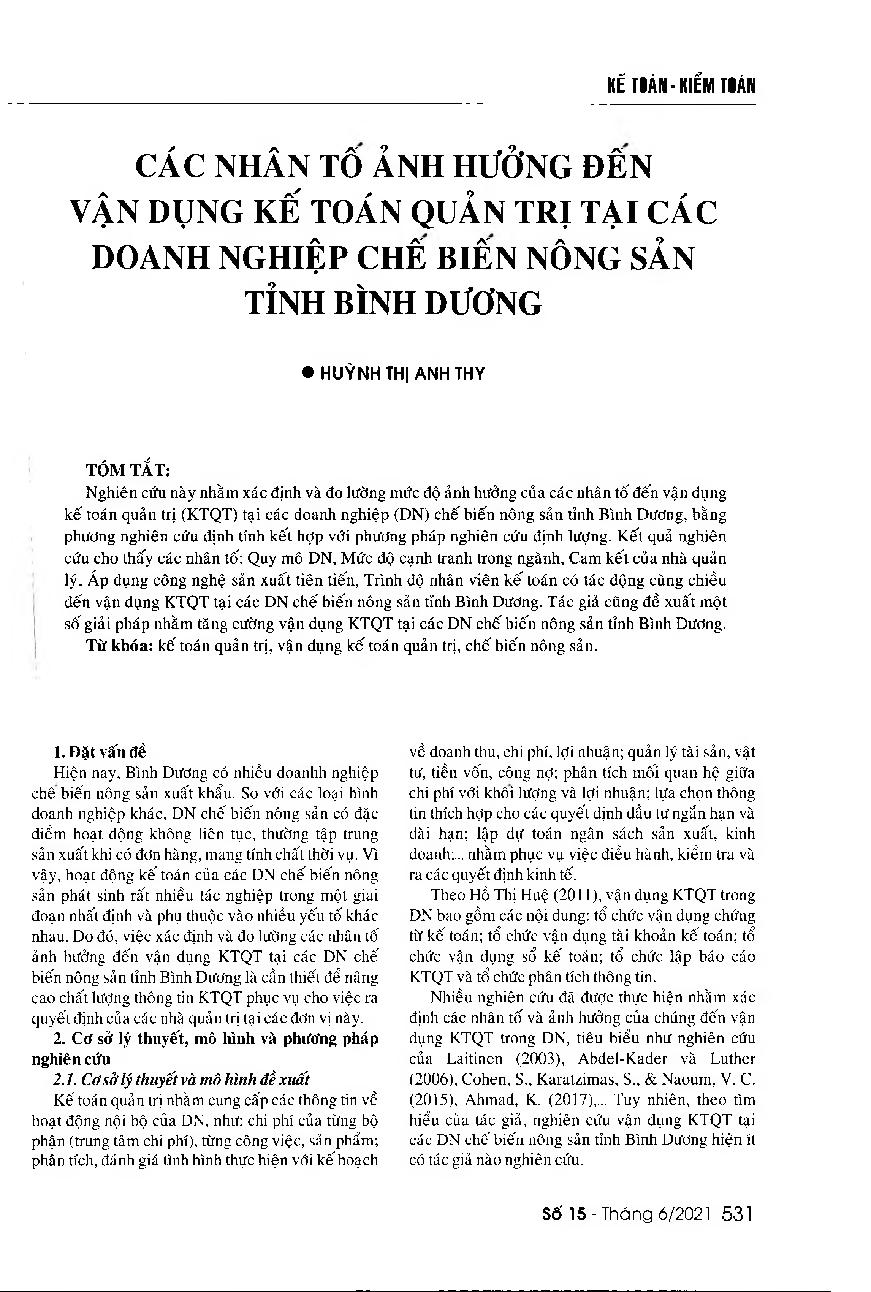 Các nhân tố ảnh hưởng đến vận dụng kế toán quản trị tại các doanh nghiệp chế biến nông sản tỉnh Bình Dương = Factors affecting the application of management accounting in agricultural product processing enterprises in Binh Duong Province