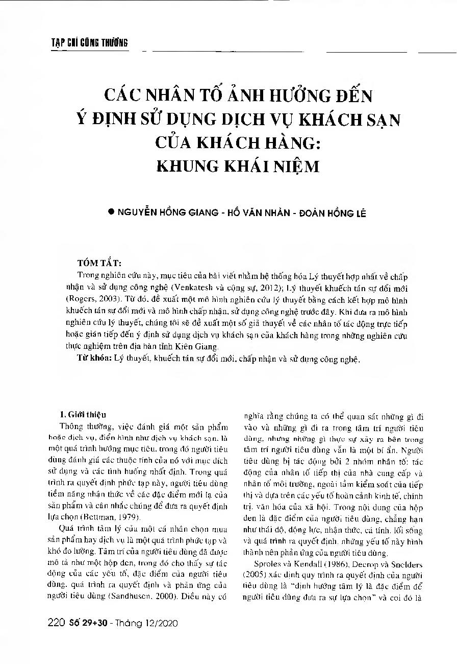 Các nhân tố ảnh hưởng đến ý định sử dụng dịch vụ khách sạn của khách hàng: Khung khái niệm = Factors affecting the intention of customers in using hotel services: A conceptual framework
