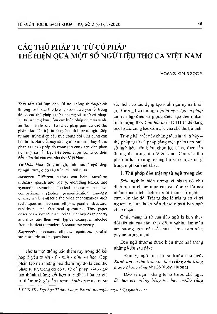 Các thủ pháp tu từ cú pháp thể hiện qua một số ngữ liệu thơ ca Việt Nam = Syntactic - rhetorical techniques in poetry