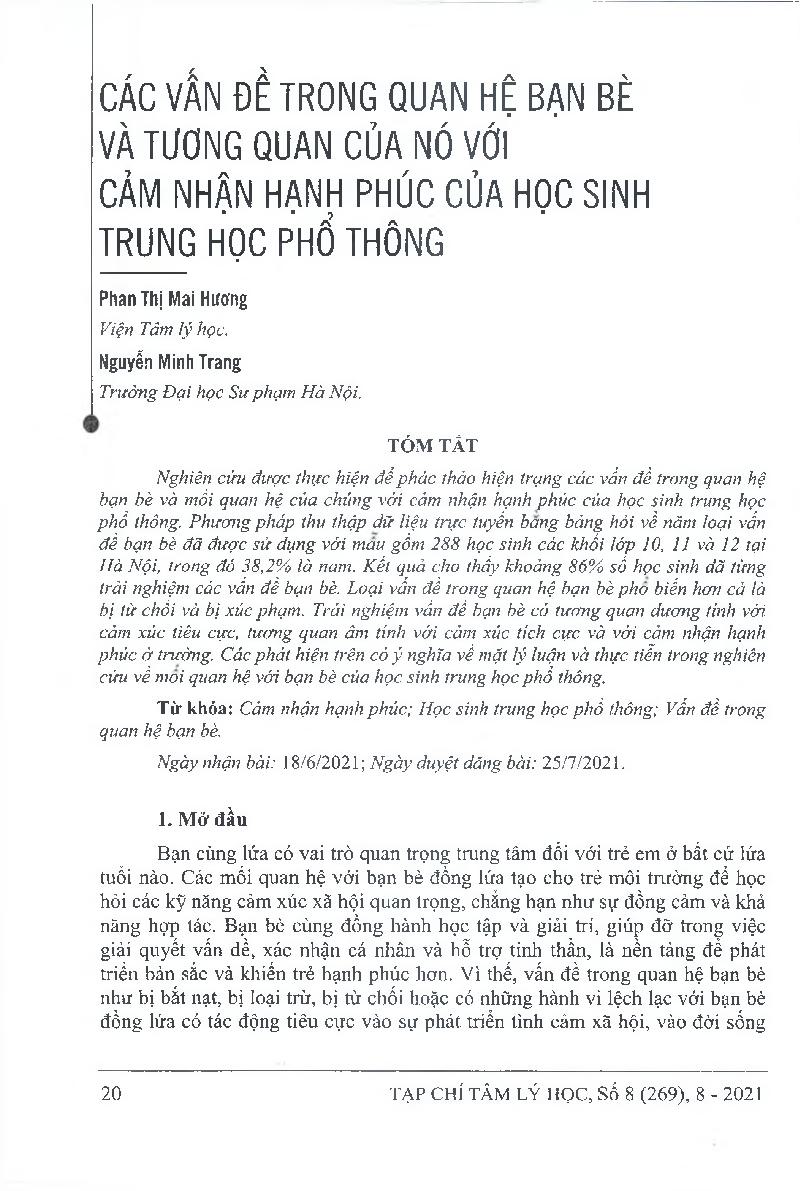 Các vấn đề trong quan hệ bạn bè và tương quan của nó với cảm nhận hạnh phúc của học sinh trung học phổ thông = Peer relationship problems and its correlation with subjective well-being in high school students