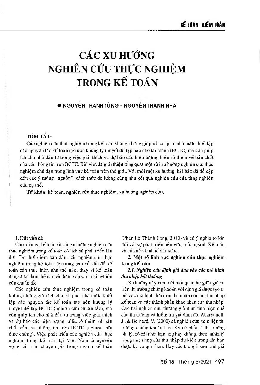 Các xu hướng nghiên cứu thực nghiệm trong kế toán = Major empirical accounting research trends in the world
