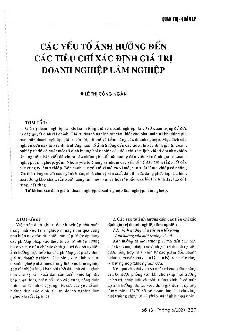 Các yếu tố ảnh hưởng đến các tiêu chí xác định giá trị doanh nghiệp lâm nghiệp = Factors affecting the criteria for value determination of forestry enterprise