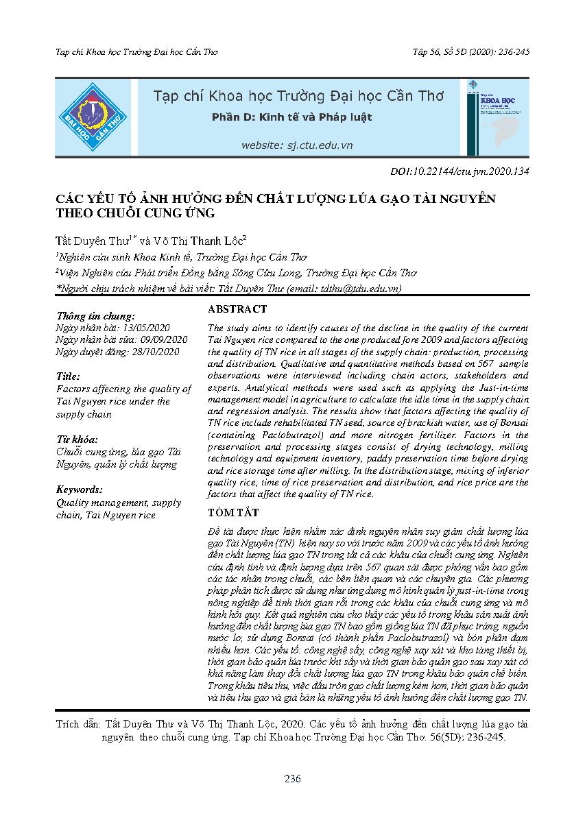 Các yếu tố ảnh hưởng đến chất lượng lúa gạo tài nguyên theo chuỗi cung ứng = Factors affecting the quality of Tai Nguyen rice under the supply chain