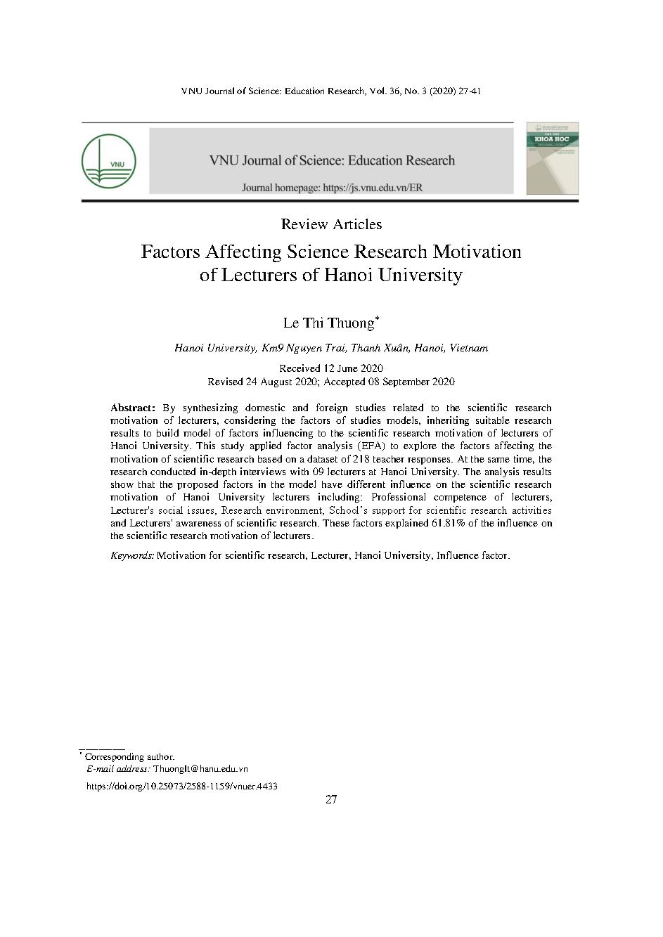 Các yếu tố ảnh hưởng đến động lực nghiên cứu khoa học của giảng viên Trường Đại học Hà Nội = Factors affecting science research motivation of lecturers of Hanoi university