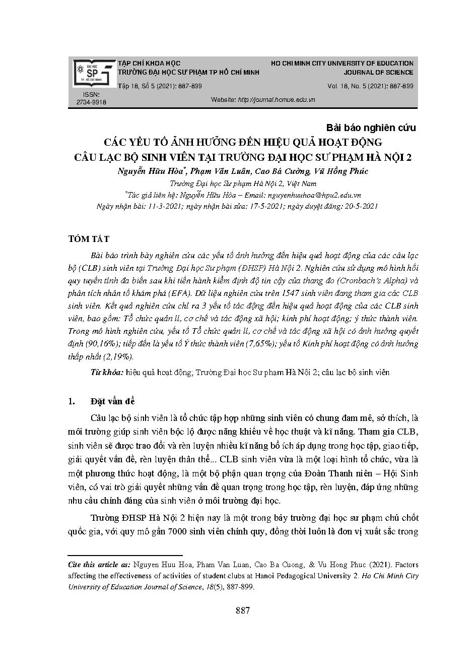Các yếu tố ảnh hưởng đến hiệu quả hoạt động câu lạc bộ sinh viên tạI Trường Đại học Sư phạm Hà Nội 2 = Factors affecting the effectiveness of activities of student clubs at Hanoi pedagogical university 2