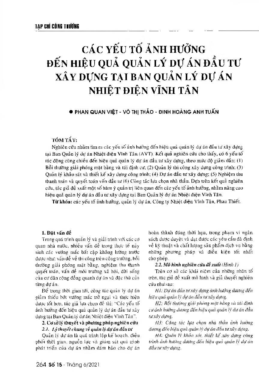 Các yếu tố ảnh hưởng đến hiệu quả quản lý dự án đầu tư xây dựng tại Ban Quản lý dự án Nhiệt điện Vĩnh Tân = Factors affecting the efficiency of construction investment project management at the Project Management Board of Vinh Tan Thermal Power Company