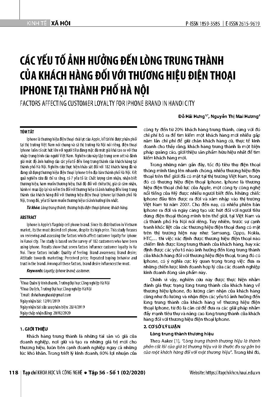 Các yếu tố ảnh hưởng đến lòng trung thành của khách hàng đối với thương hiệu điện thoại Iphone tại thành phố Hà Nội = Factors Affecting Customer Loyalty for Iphone Brand in Hanoi City