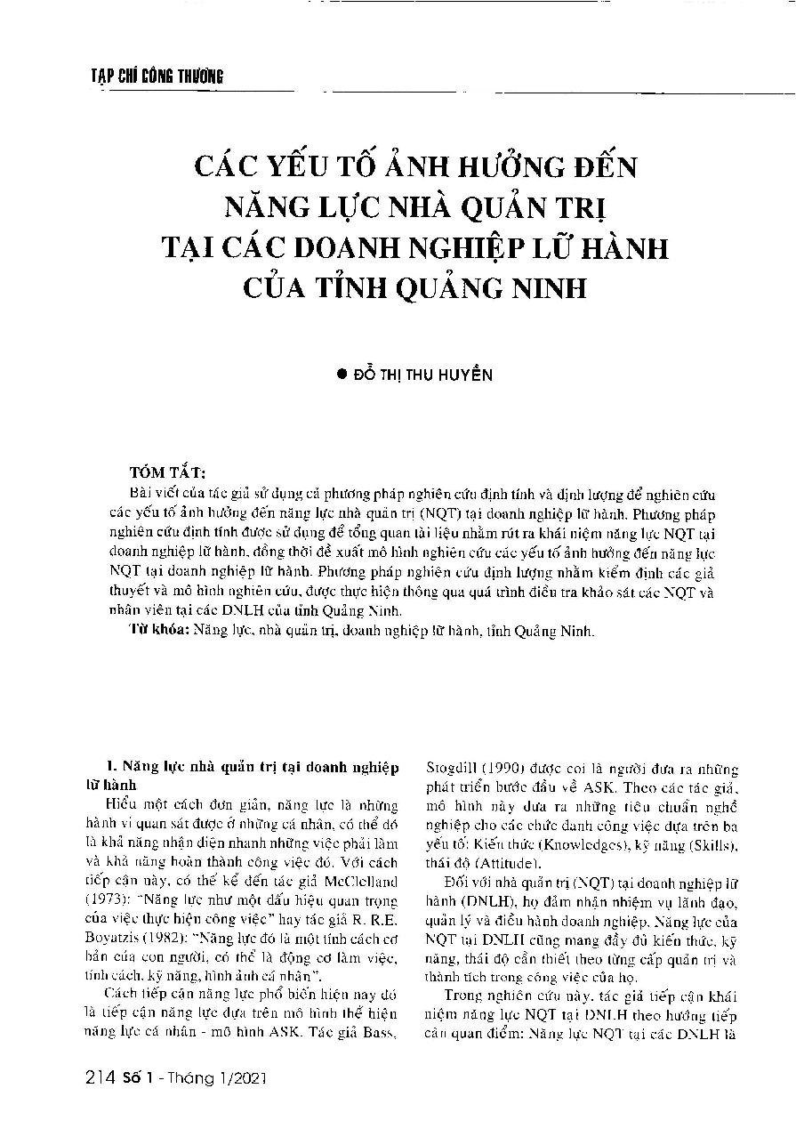 Các yếu tố ảnh hưởng đến năng lực nhà quản trị tại các doanh nghiệp lữ hành của tỉnh Quảng Ninh = Factors affecting the competencies of travel agency managers in Quang Ninh Province.
