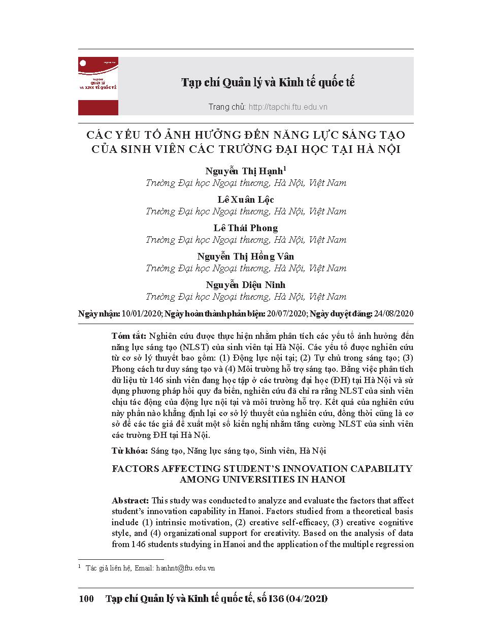 Các yếu tố ảnh hưởng đến năng lực sáng tạo củа sinh viên các trường đại học tại Hà Nội = Factors affecting student’s innovation capability among universities in Hanoi