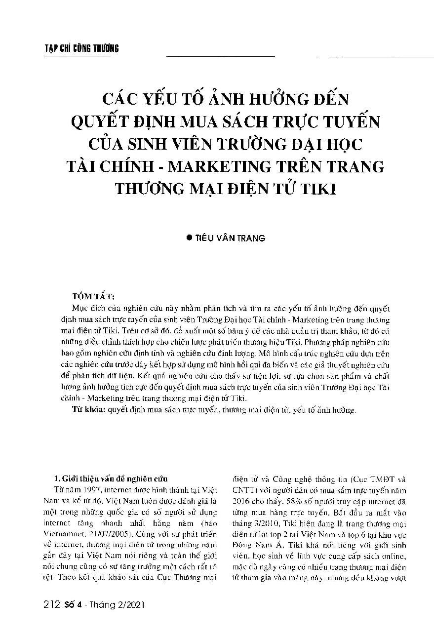 Các yếu tố ảnh hưởng đến quyết định mua sách trực tuyến của sinh viên Trường Đại học Tài chính - Marketing trên trang thương mại điện tử Tiki = Factors affecting the decision of the University of Finance and Marketing's students to buy book online on the e-commerce website Tiki