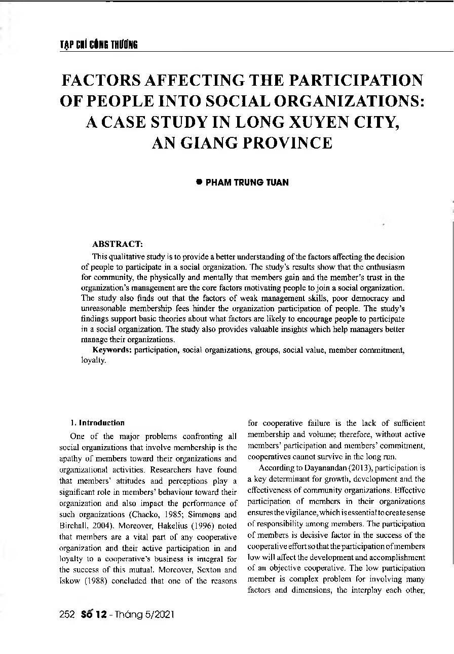Các yếu tố ảnh hưởng đến sự tham gia vào các tổ chức xã hội của hội viên: Nghiên cứu tại Tp. Long Xuyên, tỉnh An Giang = Factors affecting the participation of people into social organizations: A case study in Long Xuyen City, An Giang Province