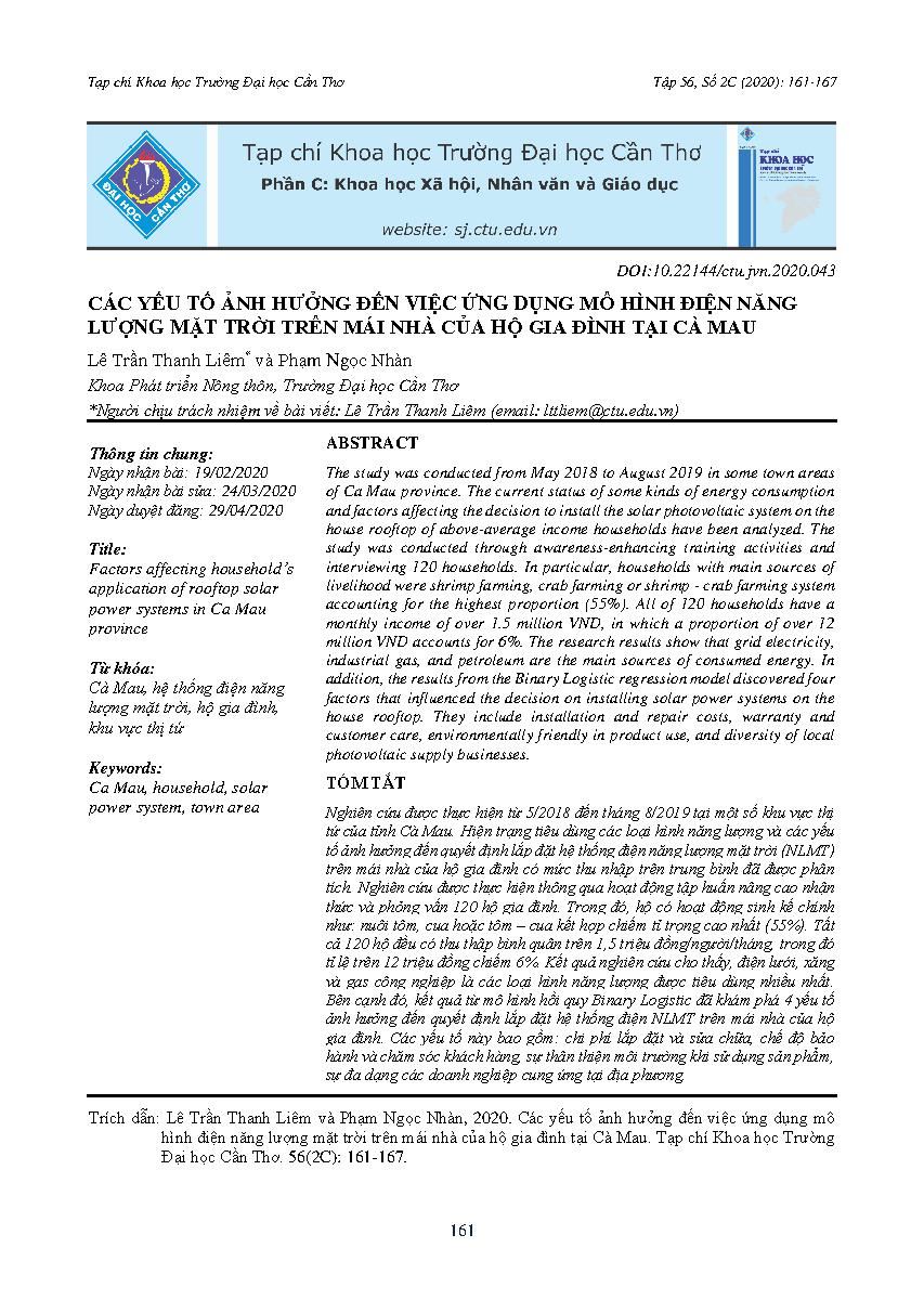 Các yếu tố ảnh hưởng đến việc ứng dụng mô hình điện năng lượng mặt trời trên mái nhà của hộ gia đình tại Cà Mau = Factors affecting household’s application of rooftop solar power systems in Ca Mau province