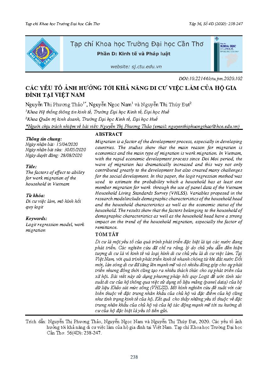 Các yếu tố ảnh hưởng tới khả năng di cư việc làm của hộ gia đình tại Việt Nam = The factors of effect to ability for work migration of the household in Vietnam