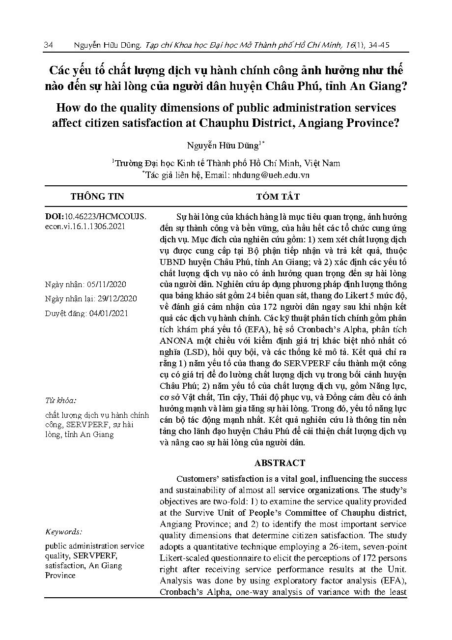 Các yếu tố chất lượng dịch vụ hành chính công ảnh hưởng như thế nào đến sự hài lòng của người dân huyện Châu Phú, tỉnh An Giang? = How do the quality dimensions of public administration services affect citizen satisfaction at Chauphu District, Angiang Province?