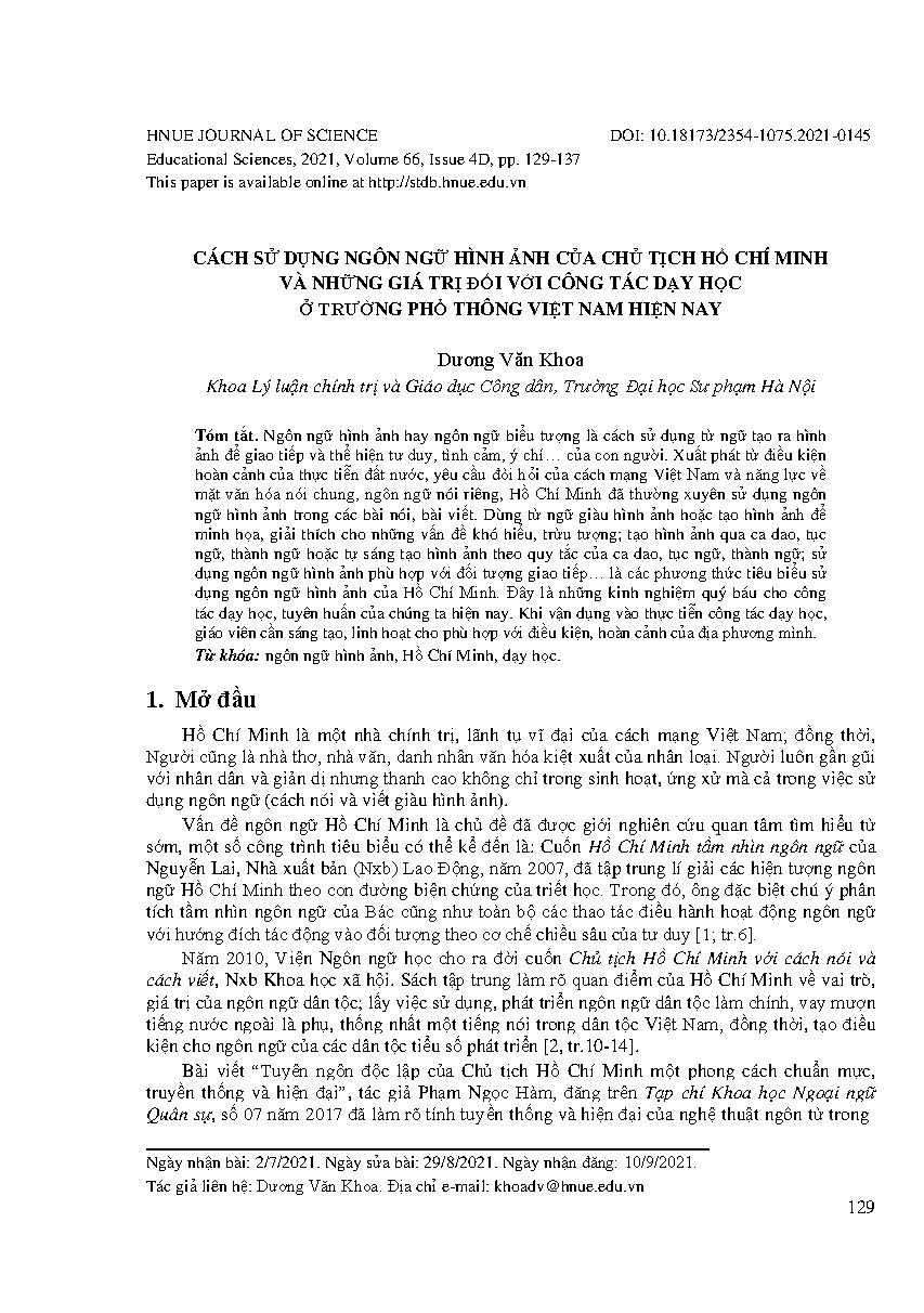 Cách sử dụng ngôn ngữ hình ảnh của chủ tịch Hồ Chí Minh và những giá trị đối với công tác dạy học ở trường phổ thông Việt Nam hiện nay = How to use the visual language of President Ho Chi Minh and its values in teaching in Vietnam high school