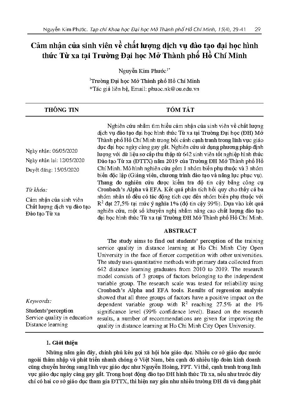 Cảm nhận của sinh viên về chất lượng dịch vụ đào tạo đại học hình thức Từ xa tại Trường Đại học Mở Thành phố Hồ Chí Minh = Students' perceptions of the quality of Remote-form tertiary training service at Ho Chi Minh City Open University