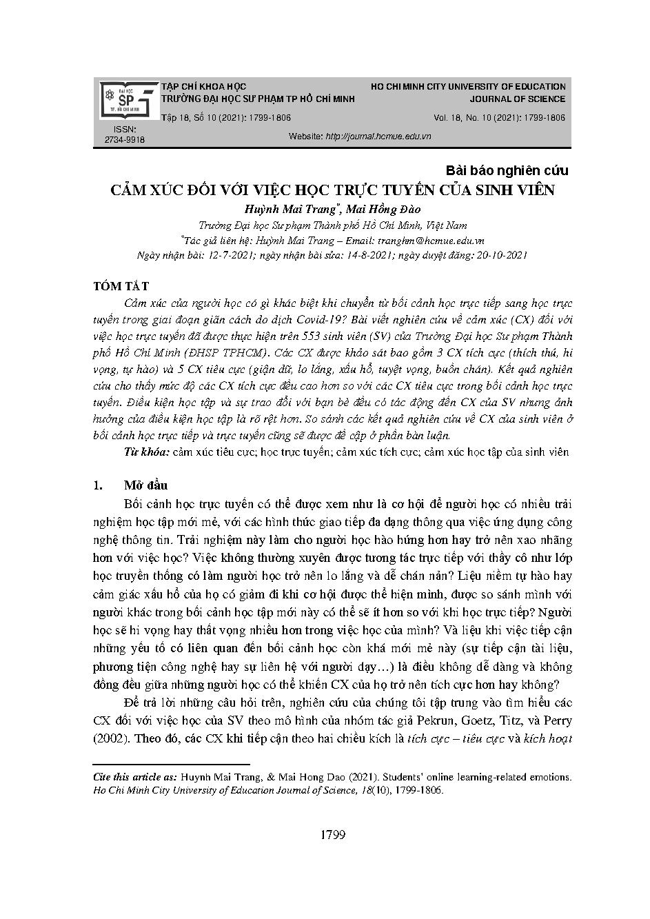 Cảm xúc đối với việc học trực tuyến của sinh viên = Students’ online learning-related emotions