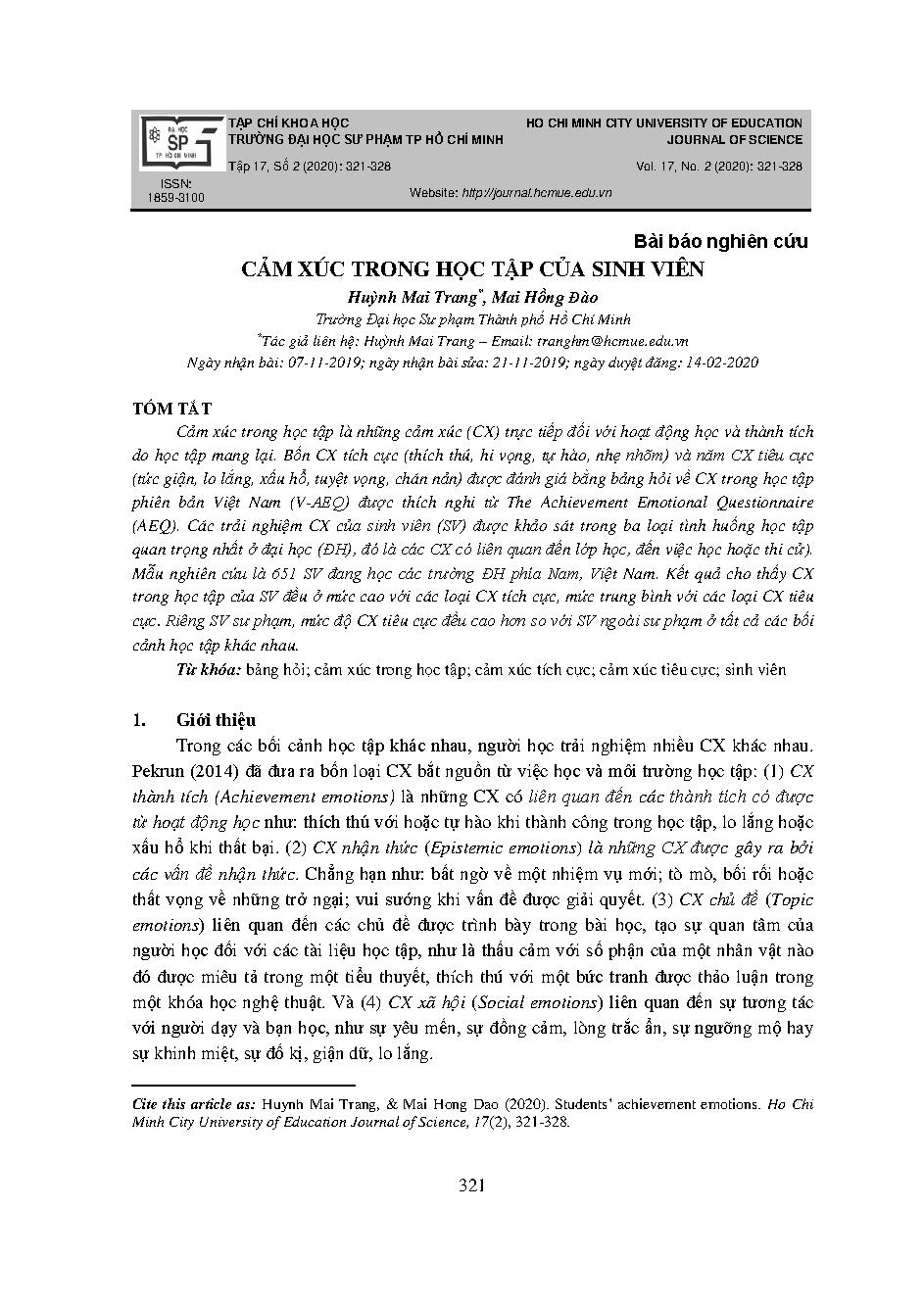 Cảm xúc trong học tập của sinh viên. = Students’ achievement emotions