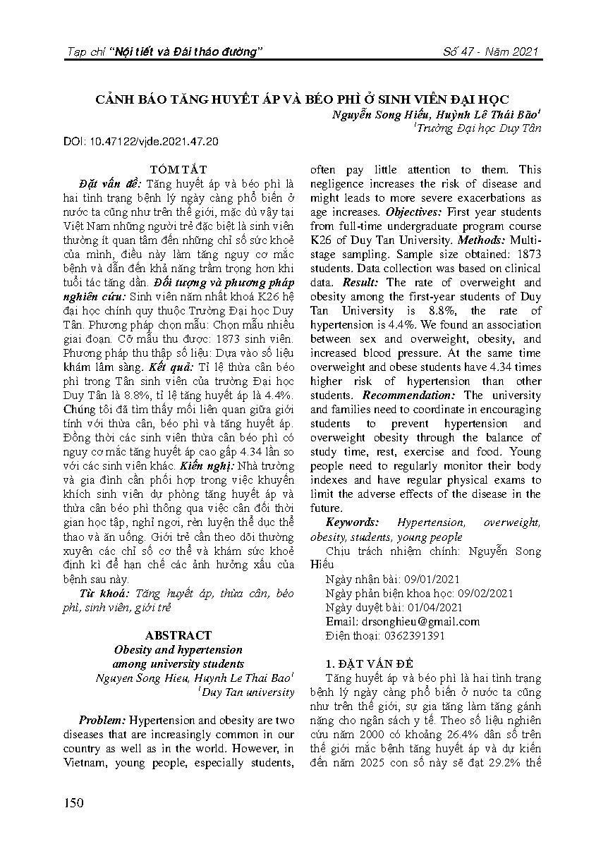 Cảnh báo tăng huyết áp và béo phì ở sinh viên đại học = Obesity and hypertension among university students