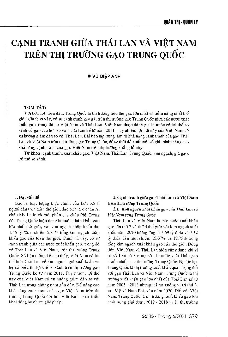 Cạnh tranh giữa Thái Lan và Việt Nam trên thị trường gạo Trung Quốc = The competition between Thailand and Vietnam in the Chinese rice market
