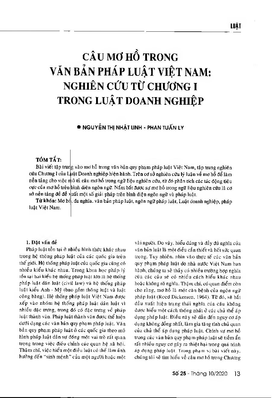 Câu mơ hồ trong văn bản pháp luật Việt Nam: Nghiên cứu từ chương I trong Luật Doanh nghiệp = Vague sentences in Vietnamese statutes: Reviewing the Chapter I of Vietnam's Law on Enterprises