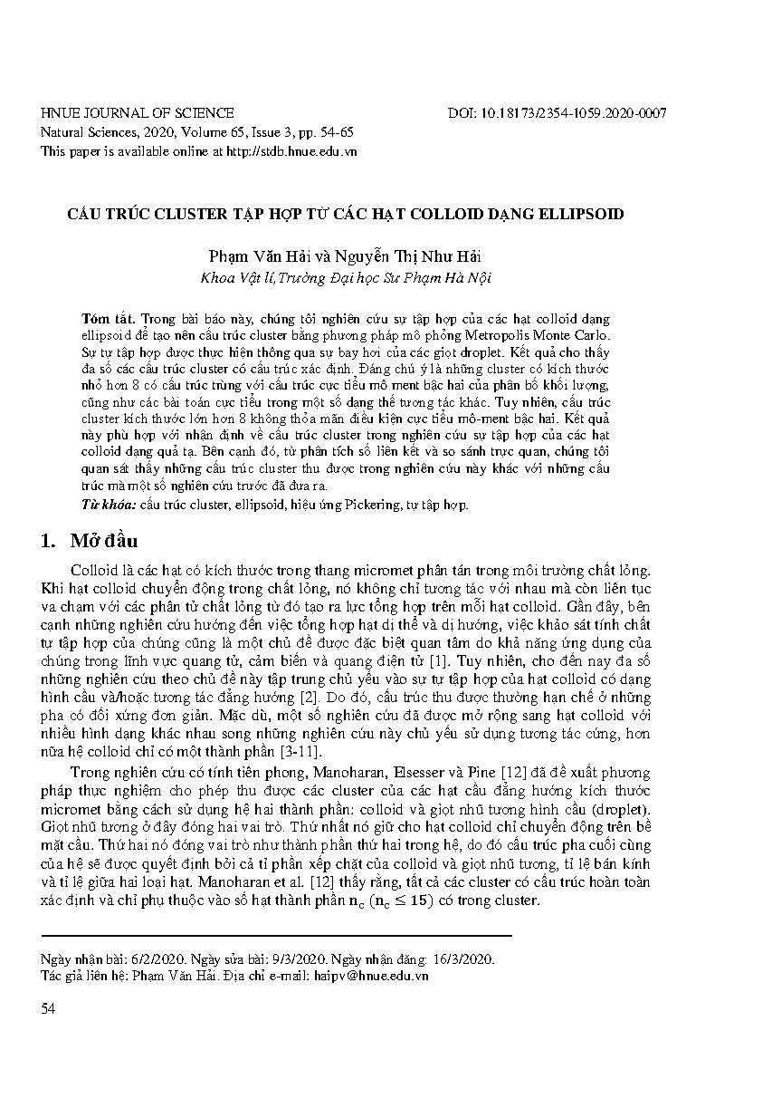 Cấu trúc cluster tập hợp từ các hạt collioid dạng ellipsoid = Assembly of ellipsoid-shaped colloids by emulsion droplet evaporation